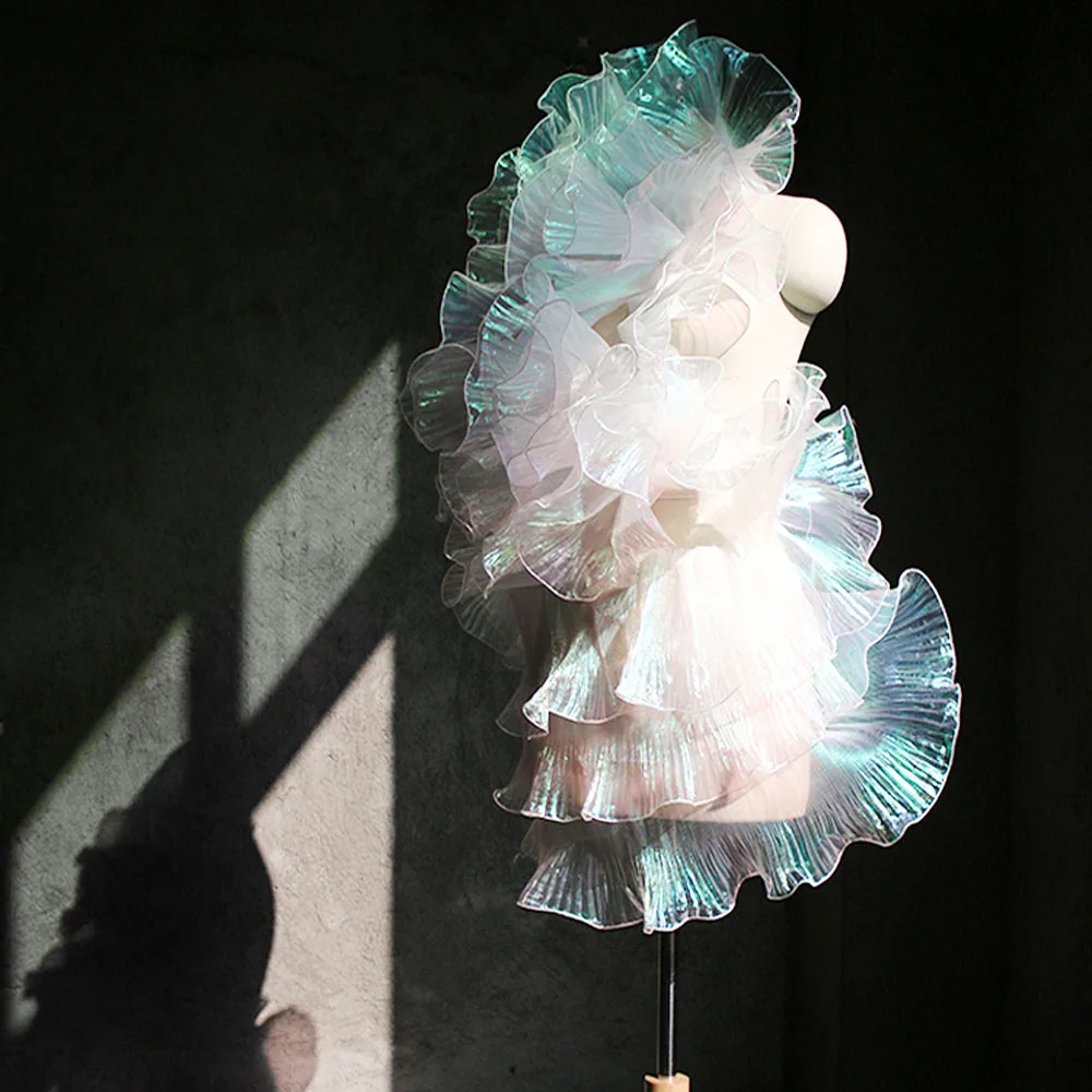 Lace Trim Organza Fabric Mermaid Ruffled Transparent Iridescent Laser Pleated for Patchwork Skirts Wedding Sewing Costume Supply