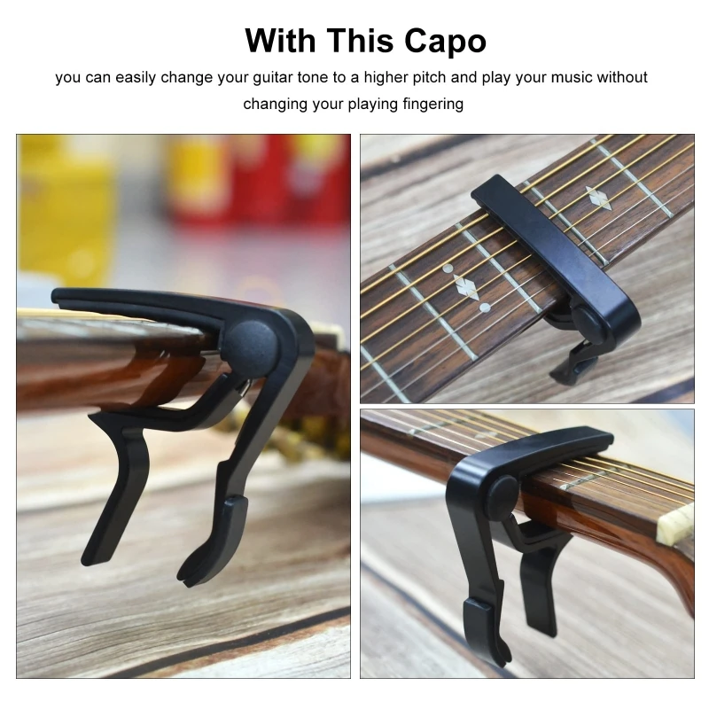 Guitar capo black or silver for acoustic guitar, electric guitar, classical guitar, banjo, bass etc.+guitar picks (6 random colo