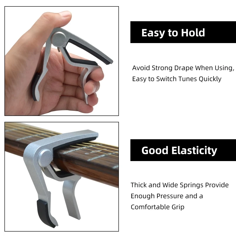 Guitar capo black or silver for acoustic guitar, electric guitar, classical guitar, banjo, bass etc.+guitar picks (6 random colo