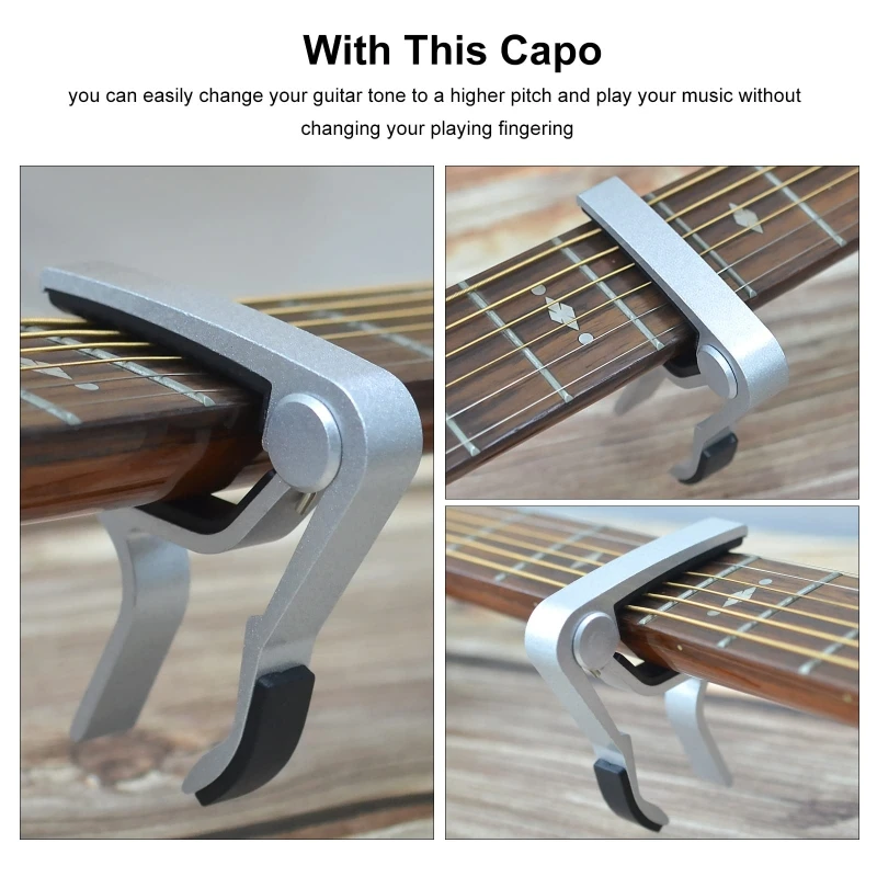 Guitar capo black or silver for acoustic guitar, electric guitar, classical guitar, banjo, bass etc.+guitar picks (6 random colo