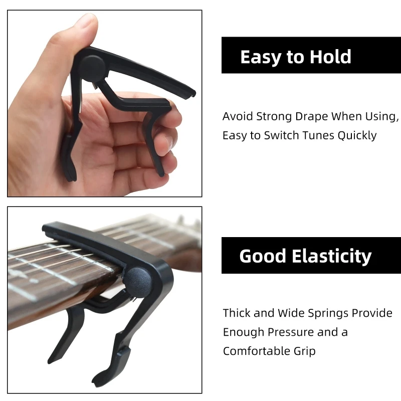 Guitar capo black or silver for acoustic guitar, electric guitar, classical guitar, banjo, bass etc.+guitar picks (6 random colo