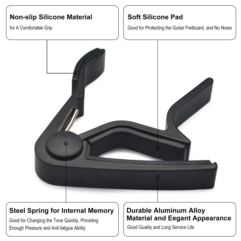 Guitar capo black or silver for acoustic guitar, electric guitar, classical guitar, banjo, bass etc.+guitar picks (6 random colo