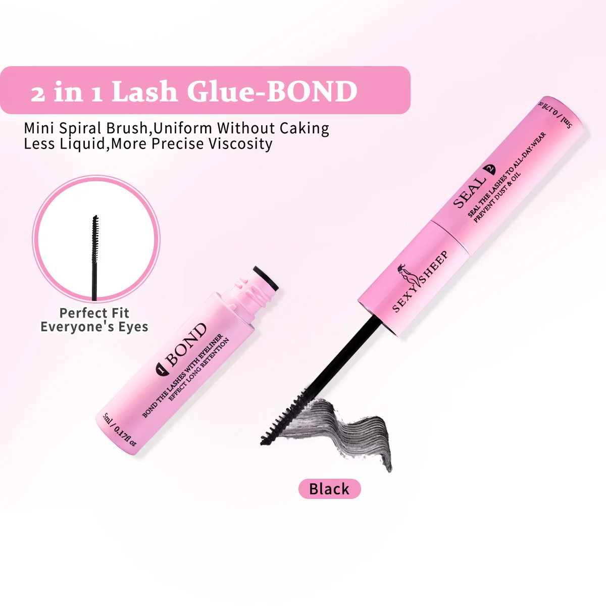 Eyelash Glue and Seal for Eyelash Clusters Strong Fixed Eyelash Glue Lasting 48H 2 in 1(5ml Black Glue + 5ml Clear Seal)