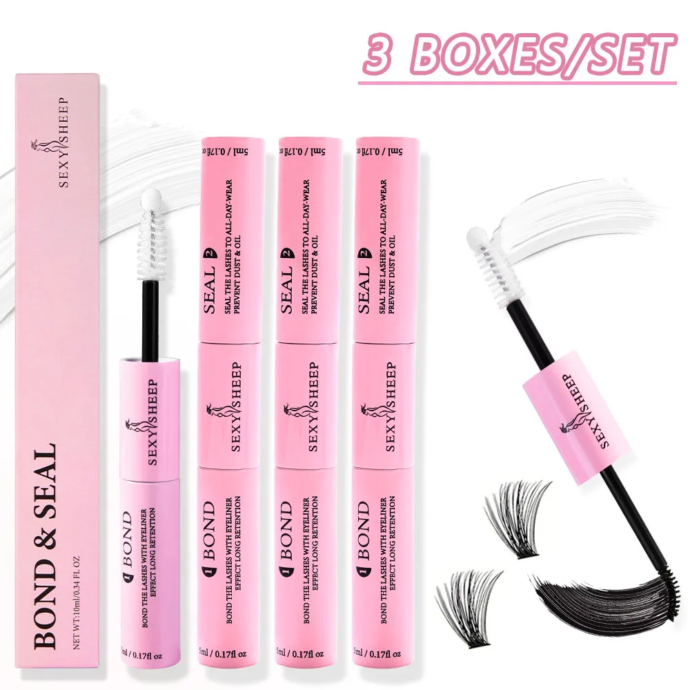 Eyelash Glue and Seal for Eyelash Clusters Strong Fixed Eyelash Glue Lasting 48H 2 in 1(5ml Black Glue + 5ml Clear Seal)