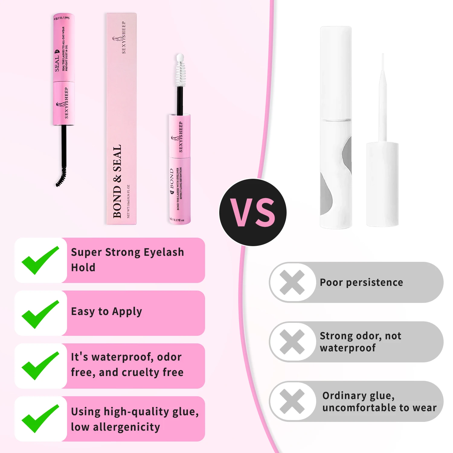 Eyelash Glue and Seal for Eyelash Clusters Strong Fixed Eyelash Glue Lasting 48H 2 in 1(5ml Black Glue + 5ml Clear Seal)