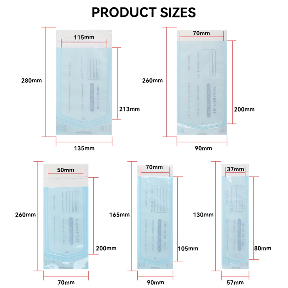 DM 200pcs/box Self-sealing Sterilization Pouches 5 Sizes Self-adhesive Bags Clean Pouches for Tattoo Dental Nail Art Accessories
