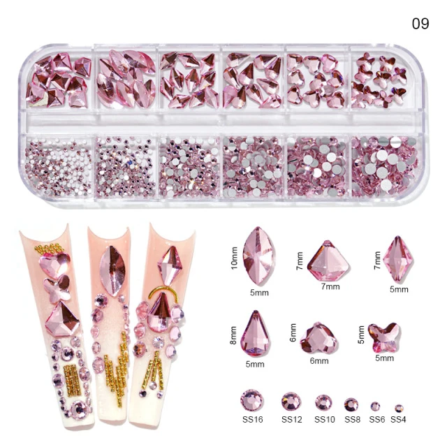 1000Pcs/box Champagne Gold Diamond Nail Crystal Mixed-Design Nail Glitter Rhinestone Non-HotFix Manicure Rhinestone Decoration