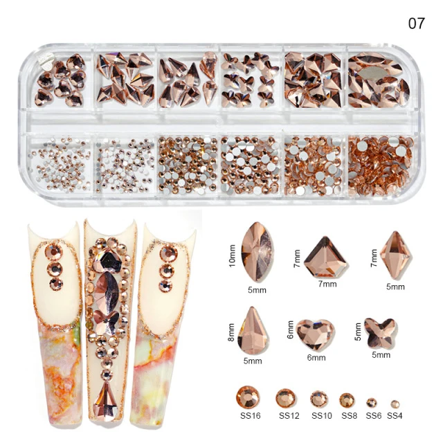 1000Pcs/box Champagne Gold Diamond Nail Crystal Mixed-Design Nail Glitter Rhinestone Non-HotFix Manicure Rhinestone Decoration