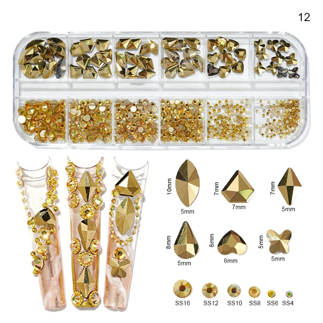 1000Pcs/box Champagne Gold Diamond Nail Crystal Mixed-Design Nail Glitter Rhinestone Non-HotFix Manicure Rhinestone Decoration