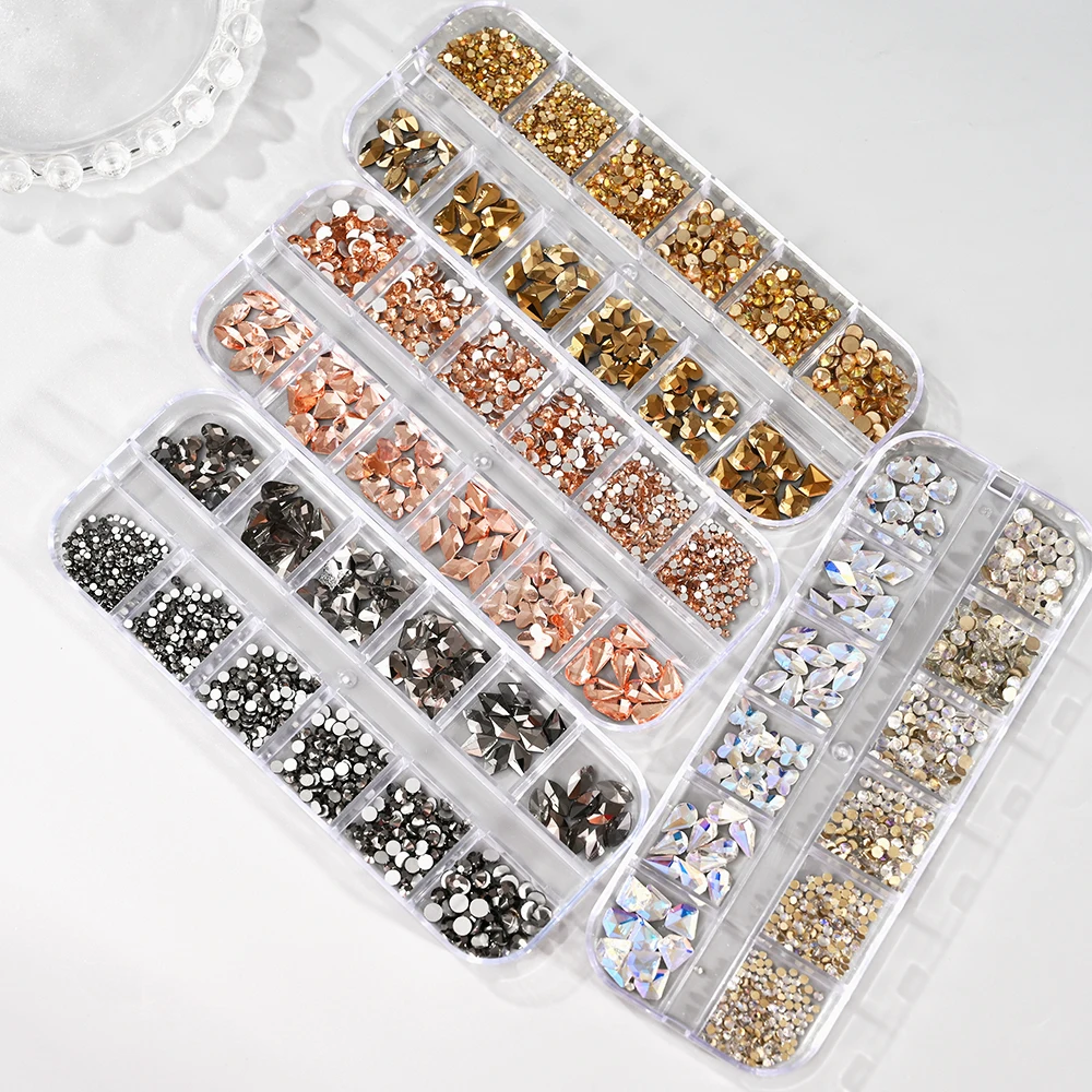 1000Pcs/box Champagne Gold Diamond Nail Crystal Mixed-Design Nail Glitter Rhinestone Non-HotFix Manicure Rhinestone Decoration