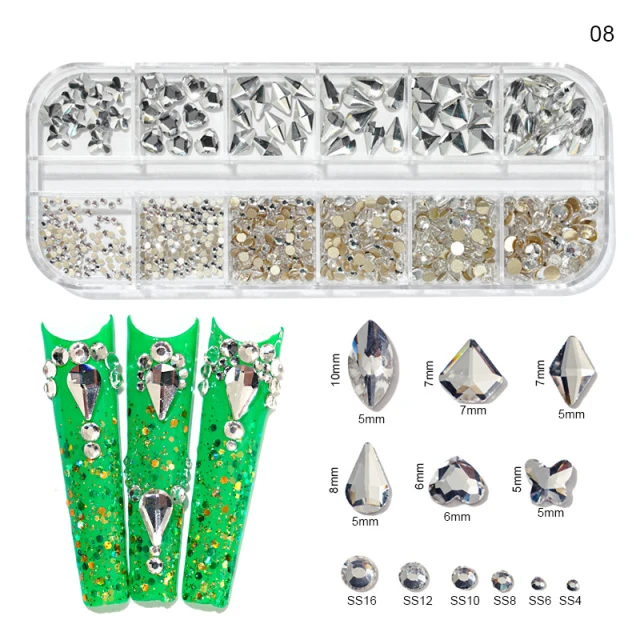 1000Pcs/box Champagne Gold Diamond Nail Crystal Mixed-Design Nail Glitter Rhinestone Non-HotFix Manicure Rhinestone Decoration