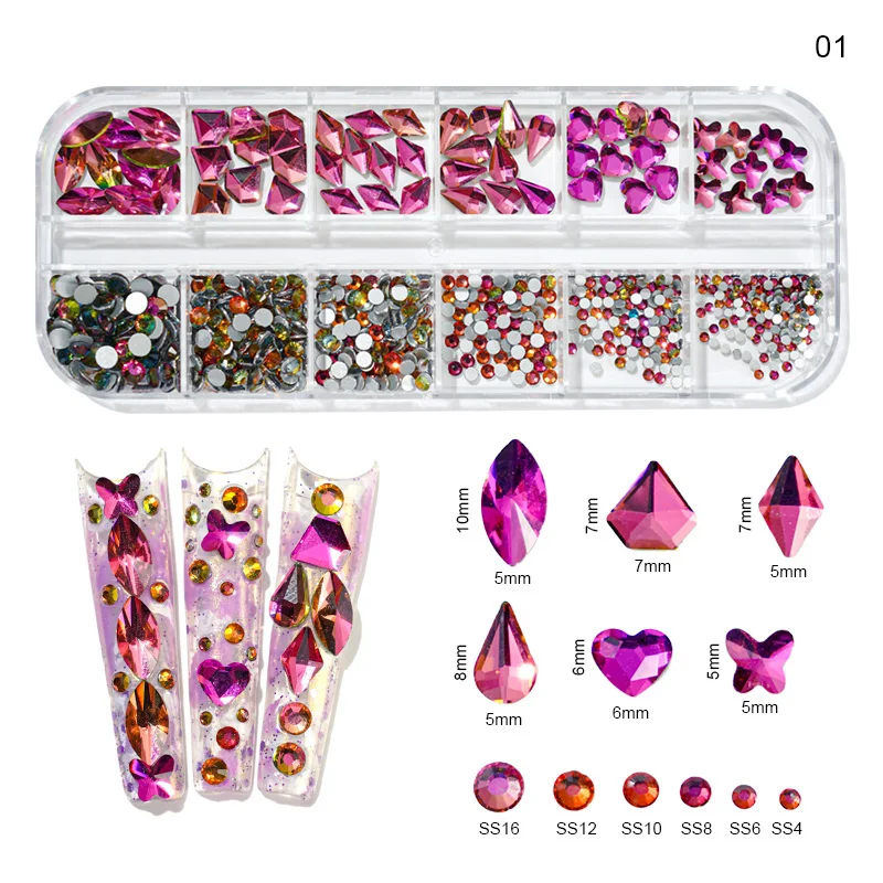 1000Pcs/box Champagne Gold Diamond Nail Crystal Mixed-Design Nail Glitter Rhinestone Non-HotFix Manicure Rhinestone Decoration