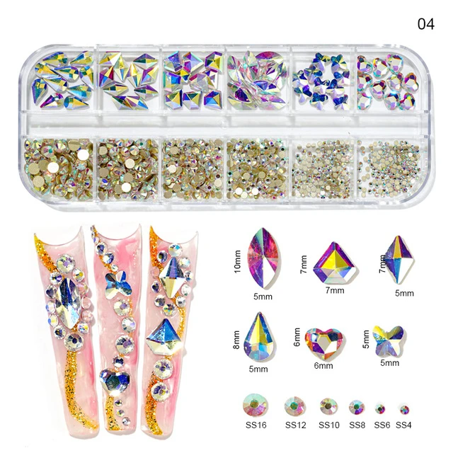 1000Pcs/box Champagne Gold Diamond Nail Crystal Mixed-Design Nail Glitter Rhinestone Non-HotFix Manicure Rhinestone Decoration