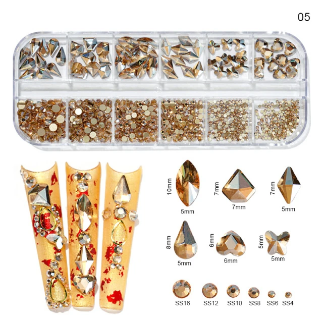 1000Pcs/box Champagne Gold Diamond Nail Crystal Mixed-Design Nail Glitter Rhinestone Non-HotFix Manicure Rhinestone Decoration