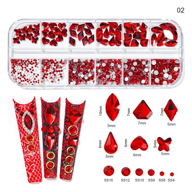 1000Pcs/box Champagne Gold Diamond Nail Crystal Mixed-Design Nail Glitter Rhinestone Non-HotFix Manicure Rhinestone Decoration