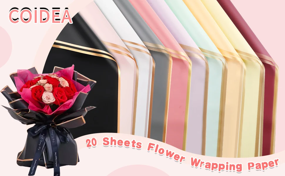 20 Sheets Black Flower Wrapping Paper with Golden Edges, Korean Florist Bouquet Supplies, Waterproof Packaging, Great for DIY Cr
