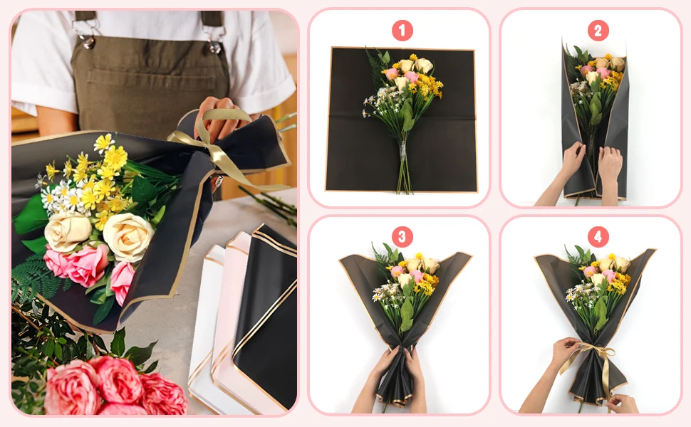 20 Sheets Black Flower Wrapping Paper with Golden Edges, Korean Florist Bouquet Supplies, Waterproof Packaging, Great for DIY Cr