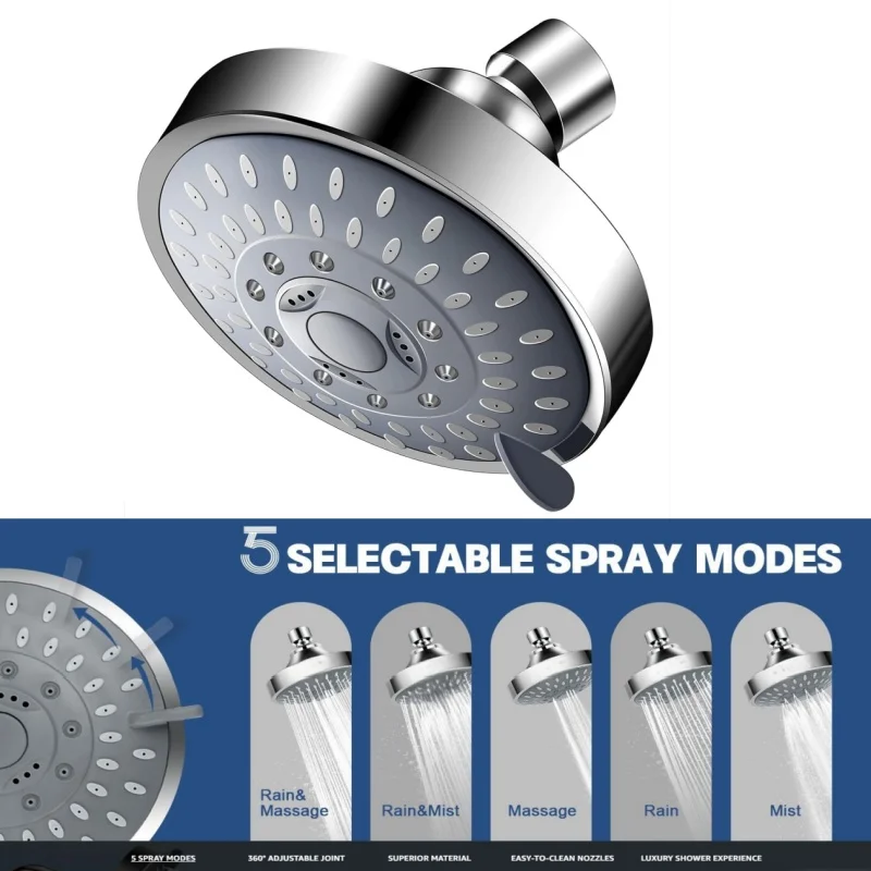 5 Modes High Pressure Shower Head 4 Inch High Flow Fixed Showerheads Sprayer Bathroom Rain Showerhead Faucet Replacement Part