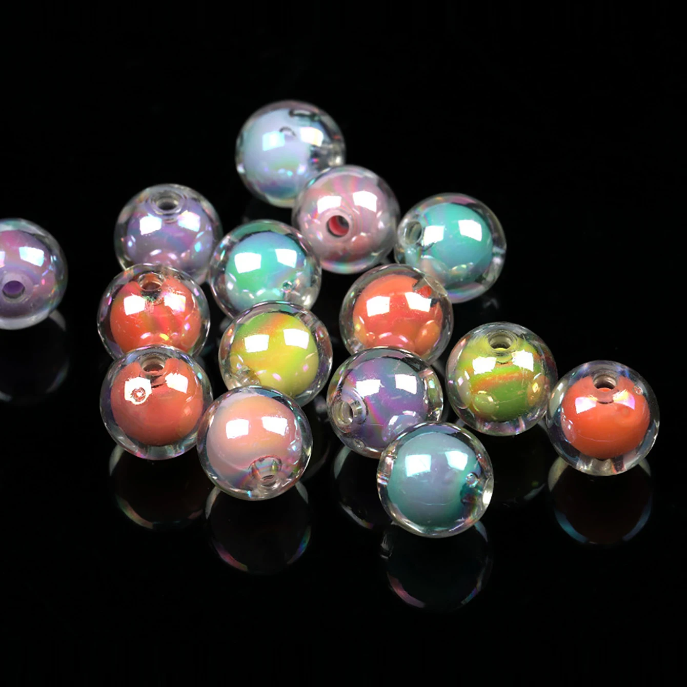 16MM 10 Pieces/Bag Style Random Acrylic Plated Colored Beads, Round Inner Color DIY Straight Hole Handmade Bracelet, Beaded Loos
