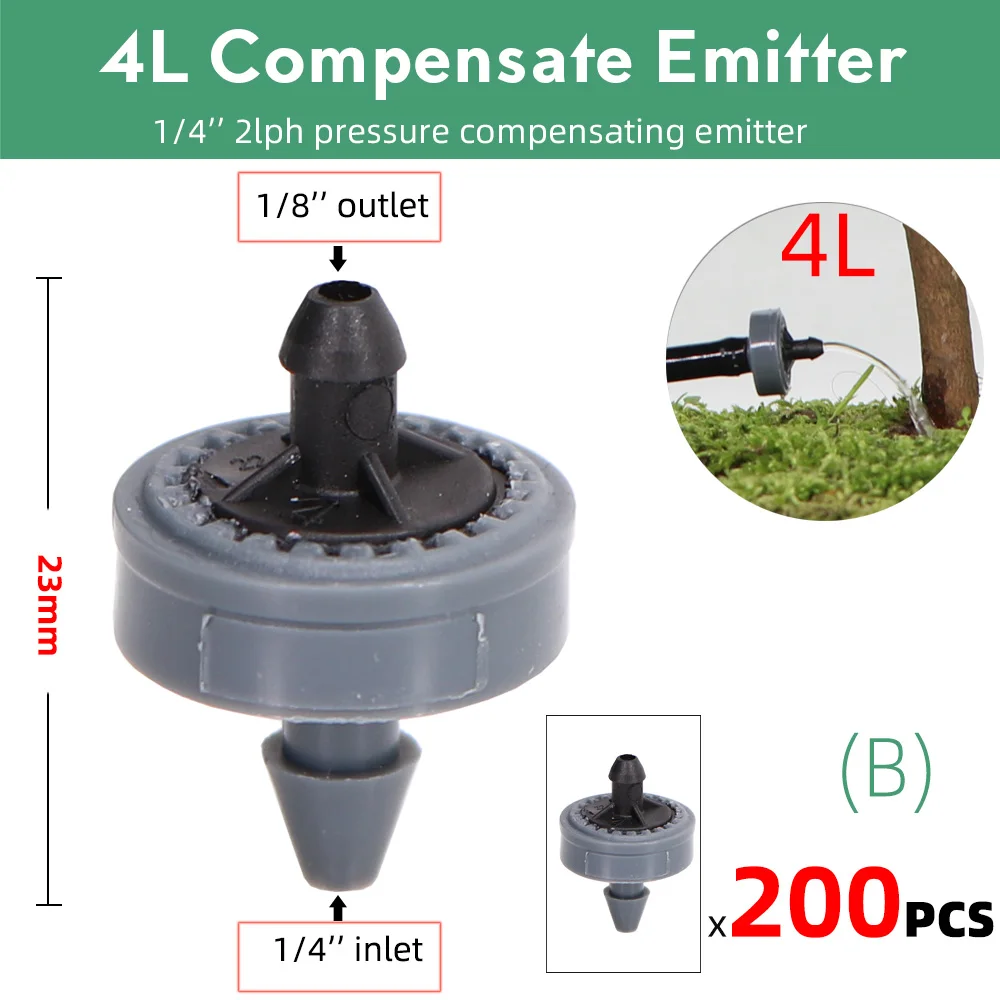 50PCS 2L 4L 8L/H Pressure Compensation Dropper Agricultura Irrigation Emitter Garden Drip for 1/4' PE Hose Greenhouse Watering