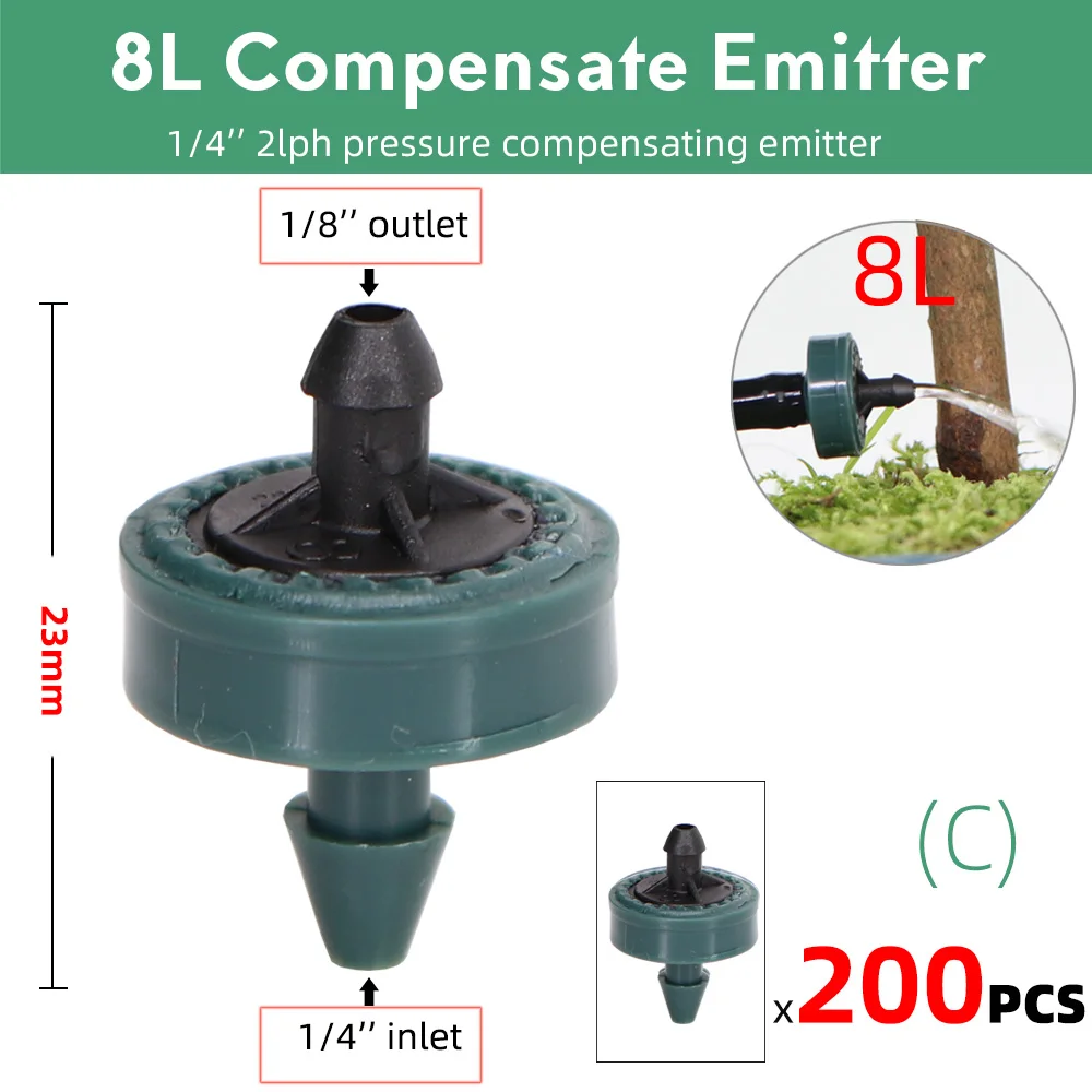 50PCS 2L 4L 8L/H Pressure Compensation Dropper Agricultura Irrigation Emitter Garden Drip for 1/4' PE Hose Greenhouse Watering