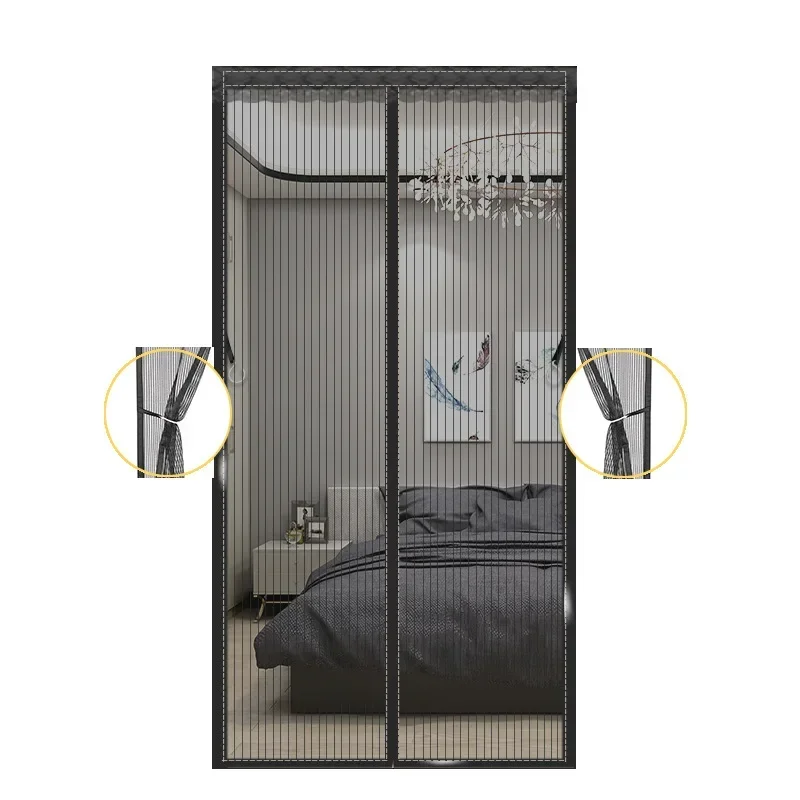 Heavy Duty Magnetic Screen Door Mesh Curtain Mosquito Net Bug Hands Free Partition Mute Striped Door Curtain Bedroom Ventilation