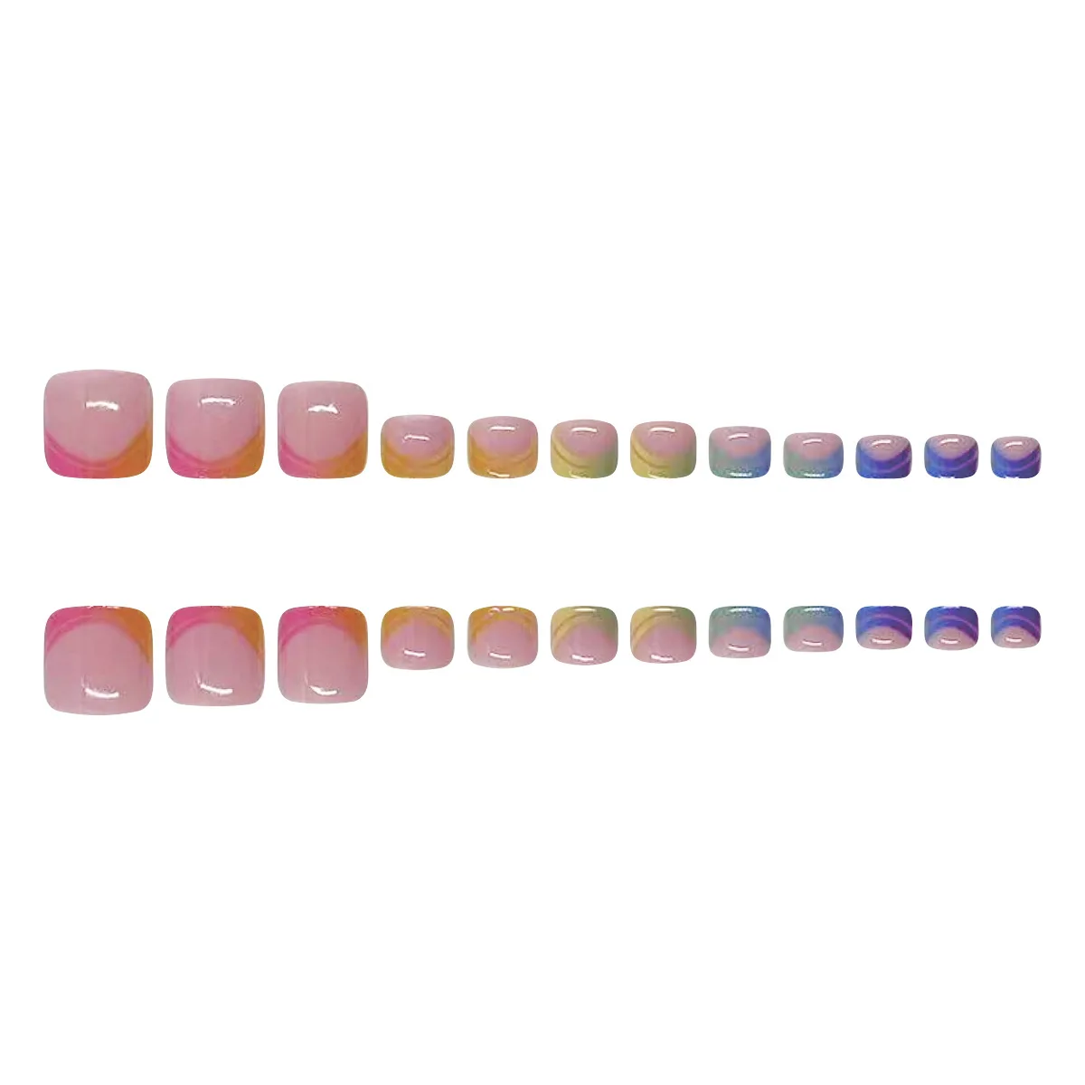 Summer French Gradient False Toe Nails Wearable Short Square Foot Nails Set Press On Nail Tips Rainbow Fake Toenails Full Cover