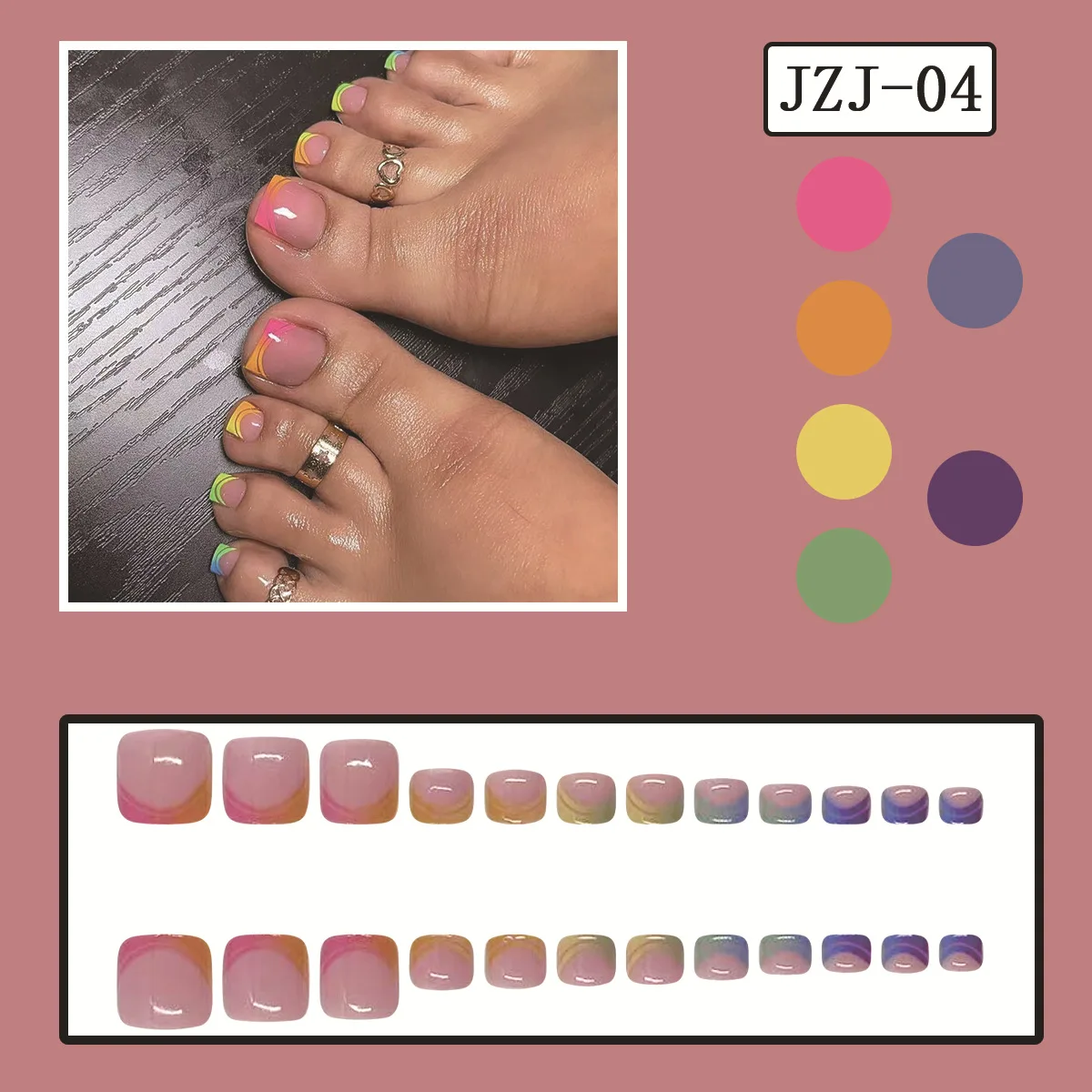 Summer French Gradient False Toe Nails Wearable Short Square Foot Nails Set Press On Nail Tips Rainbow Fake Toenails Full Cover