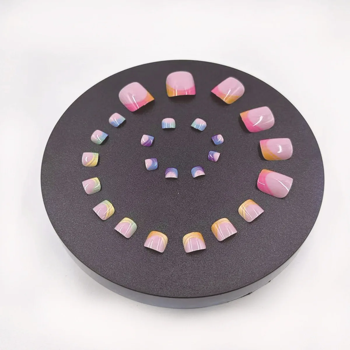Summer French Gradient False Toe Nails Wearable Short Square Foot Nails Set Press On Nail Tips Rainbow Fake Toenails Full Cover