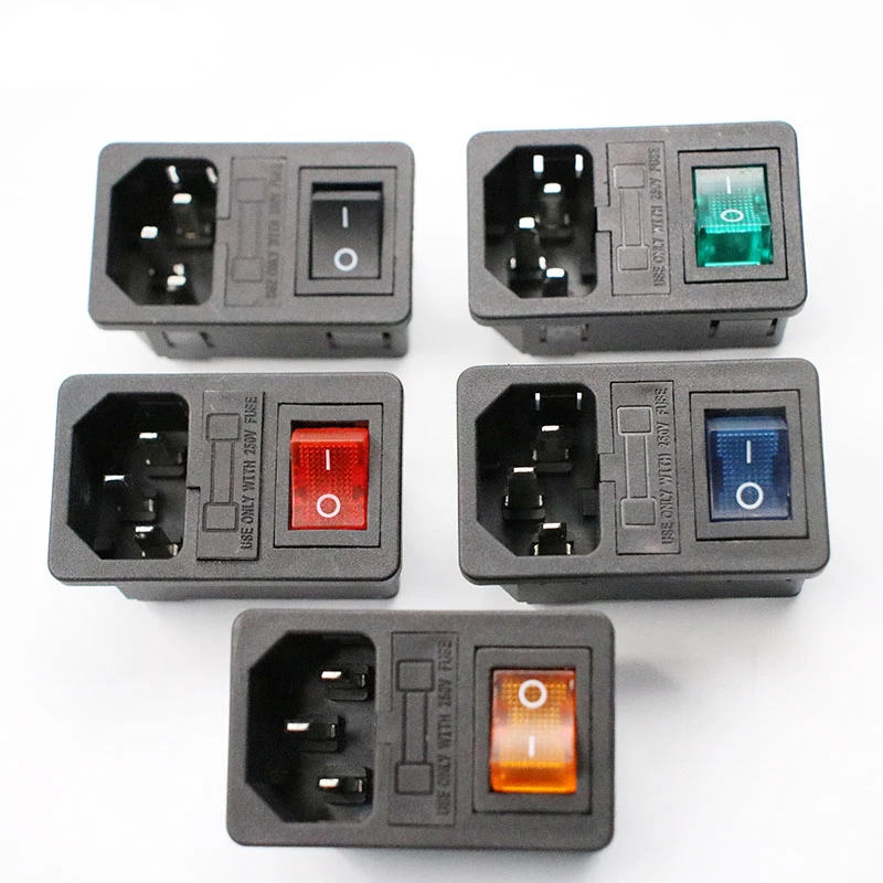 With 10A Fuse! Red Rocker Switch Fused IEC320 C14 Inlet Power Socket Fuse Switch Connector Plug Connector Red Green Blue Black