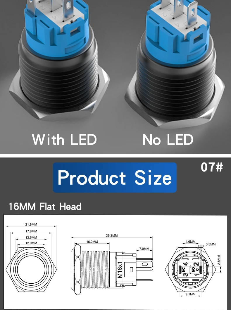 5PCS 16/19/22mm Metal Button Switch Black Shell Flat Head Waterproof LED Momentary Reset Latching Button Switch 12V 24V 220V