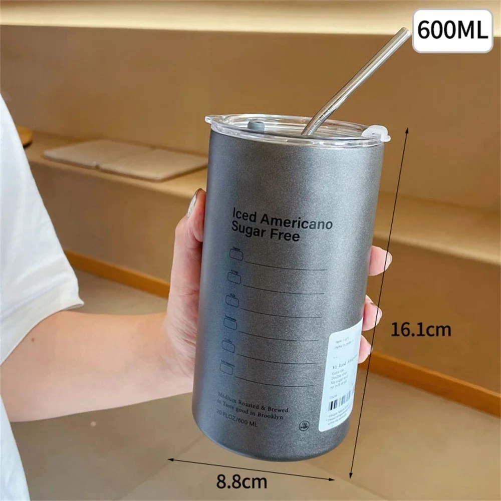 Portable 600ml Thermos Cup 304 Stainless Steel Coffee Mug Thermal Leak-proof Water Bottle with Straw Insulated Bottle Drinkware