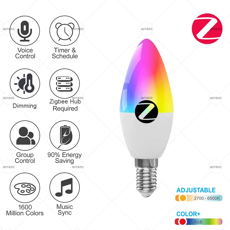 E12 E14 Base Zigbee Smart Candle Bulb Lamps Led RGB Light 110 220V Led RGBCW Voice Control Works With Alexa Echo Plus Show 10
