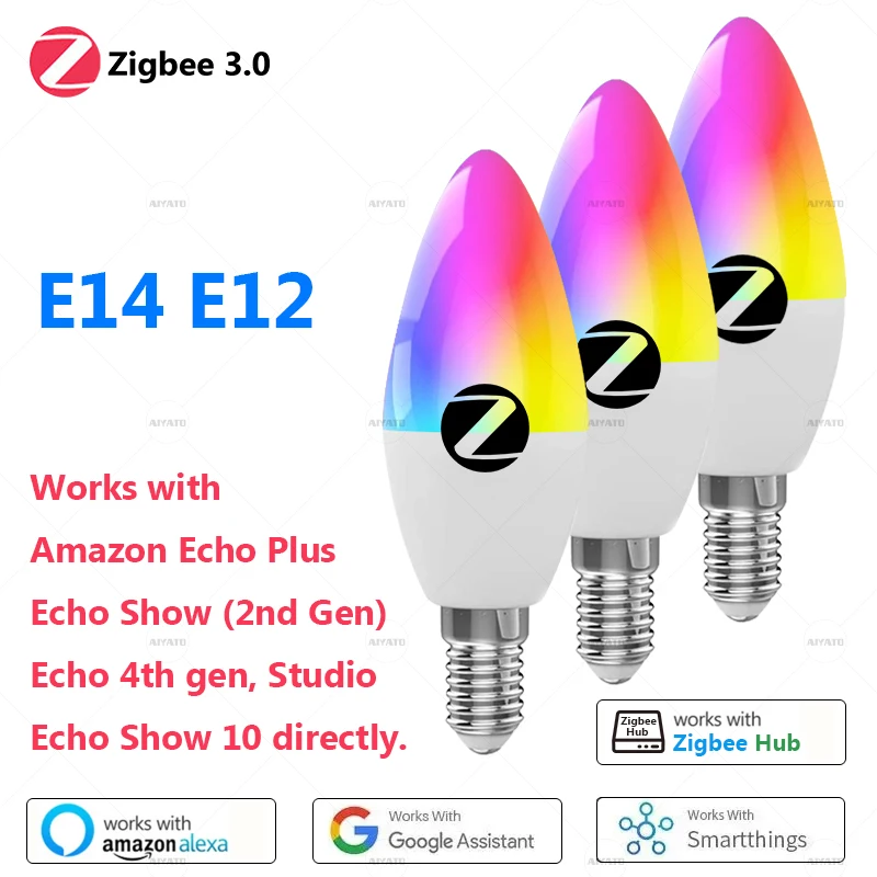 E12 E14 Base Zigbee Smart Candle Bulb Lamps Led RGB Light 110 220V Led RGBCW Voice Control Works With Alexa Echo Plus Show 10