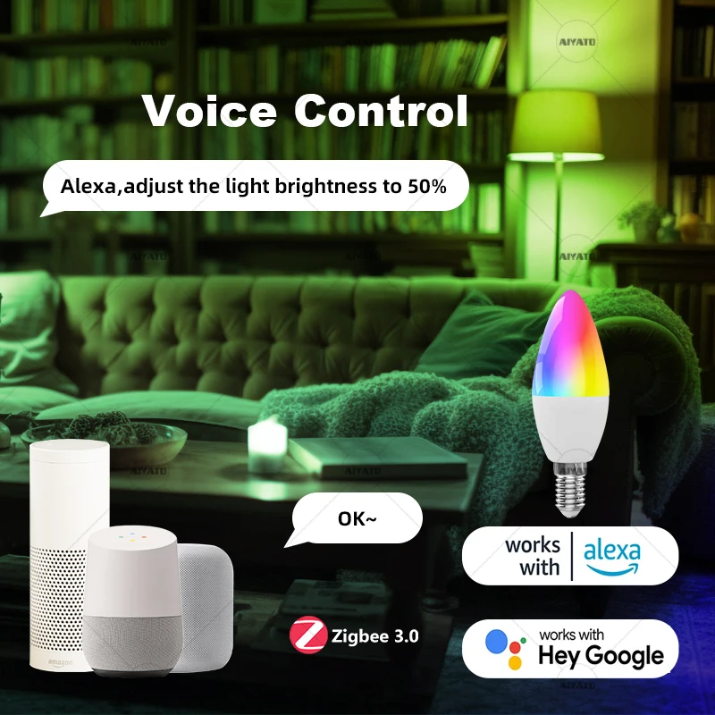 E12 E14 Base Zigbee Smart Candle Bulb Lamps Led RGB Light 110 220V Led RGBCW Voice Control Works With Alexa Echo Plus Show 10