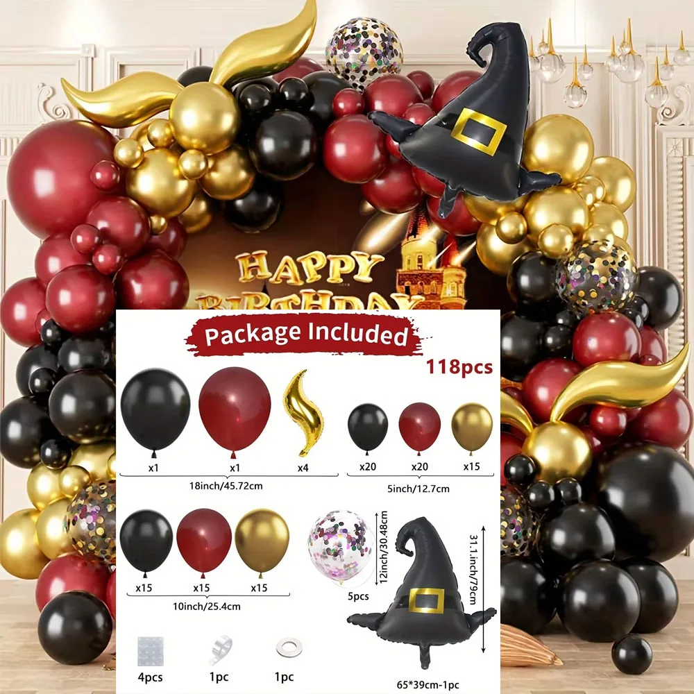 118PCS Magic School Balloon Flower Ring Arch Set, Magic School Theme Aluminum Film Balloon Birthday Decoration Magic Theme