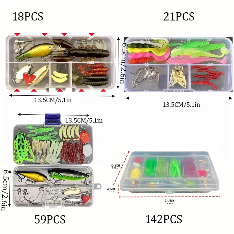 Fishing Lure Set 18/21/59/142pcs Mixed VIB Lure Kit Soft Lure Minnow Popper Hooks All Fishing Accessory Fresh Water