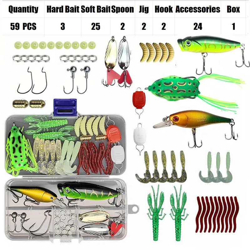 Fishing Lure Set 18/21/59/142pcs Mixed VIB Lure Kit Soft Lure Minnow Popper Hooks All Fishing Accessory Fresh Water