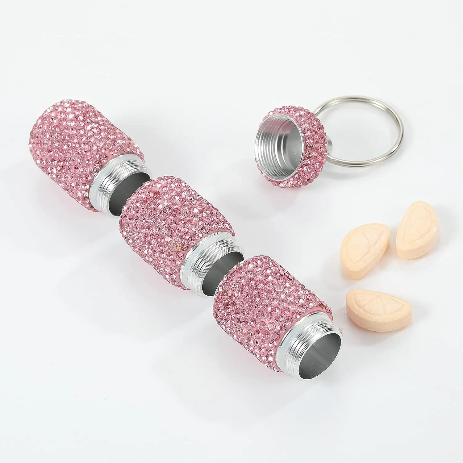Bling Pill Case Portable Travel Pill Container Ins Rhinestone Waterproof Small Pill Holder with Keychain Cute Pill Storage Box