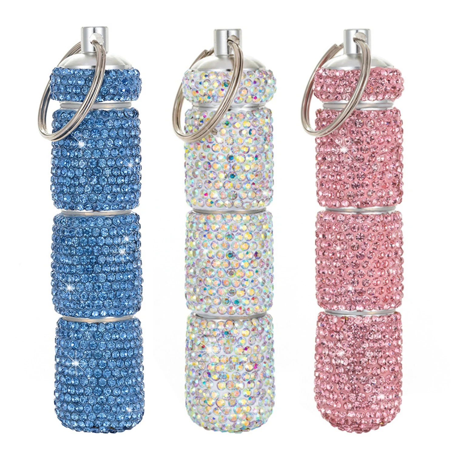 Bling Pill Case Portable Travel Pill Container Ins Rhinestone Waterproof Small Pill Holder with Keychain Cute Pill Storage Box