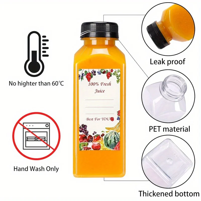 16oz Leak-Proof Reusable Plastic Juice Bottles with Tamper-Resistant Black Lids - Perfect for Smoothies, Drinks Tea Dispensing