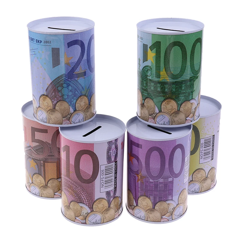 Tinplate Cylinder Piggy Bank Euro Dollar Picture Box Household Saving Money Box Home Decoration Money Boxes