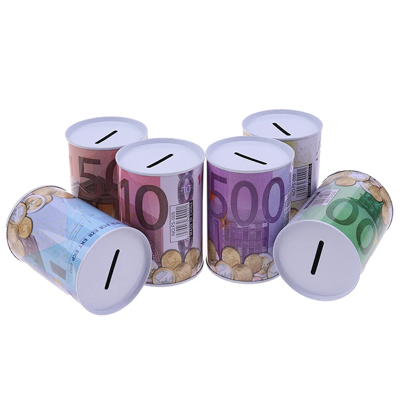 Tinplate Cylinder Piggy Bank Euro Dollar Picture Box Household Saving Money Box Home Decoration Money Boxes