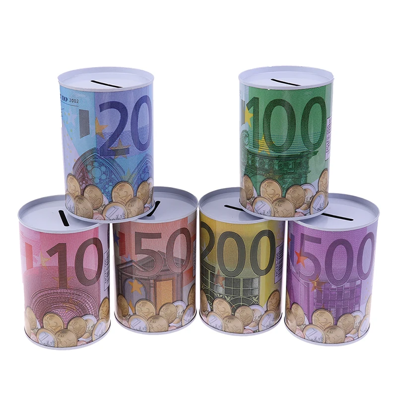 Tinplate Cylinder Piggy Bank Euro Dollar Picture Box Household Saving Money Box Home Decoration Money Boxes