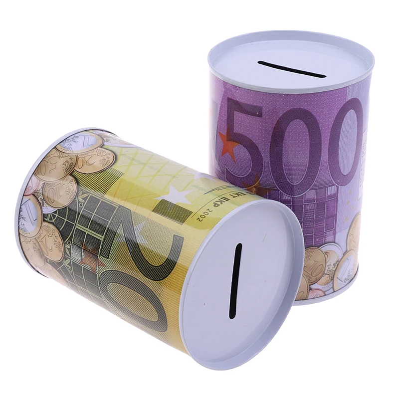 Tinplate Cylinder Piggy Bank Euro Dollar Picture Box Household Saving Money Box Home Decoration Money Boxes