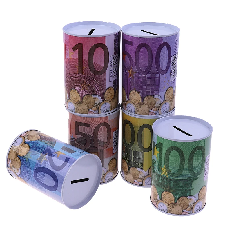 Tinplate Cylinder Piggy Bank Euro Dollar Picture Box Household Saving Money Box Home Decoration Money Boxes