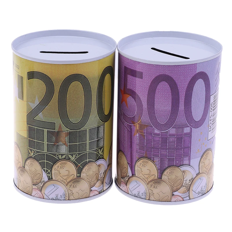 Tinplate Cylinder Piggy Bank Euro Dollar Picture Box Household Saving Money Box Home Decoration Money Boxes