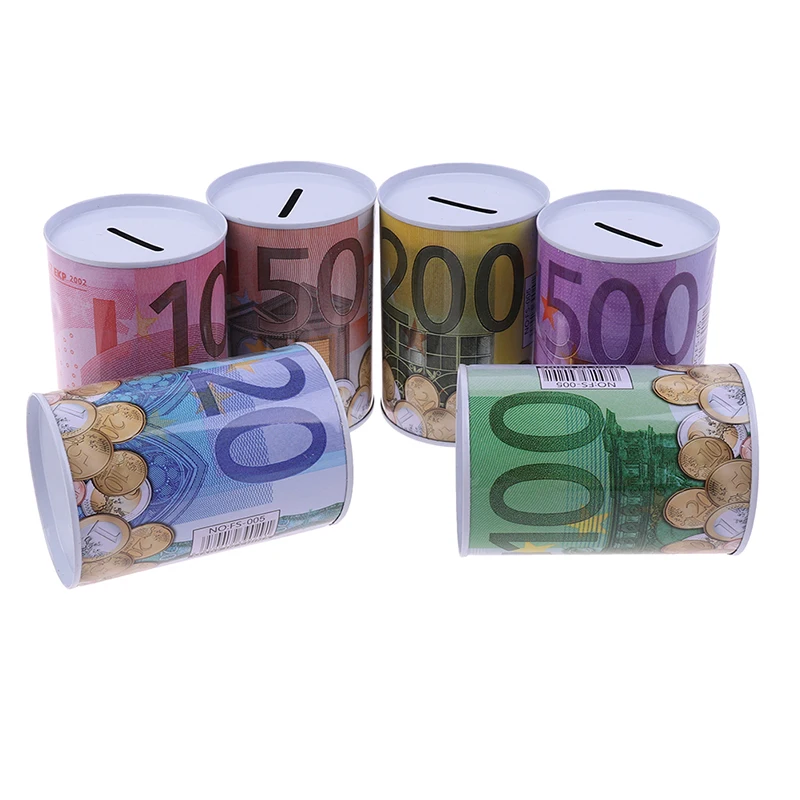 Tinplate Cylinder Piggy Bank Euro Dollar Picture Box Household Saving Money Box Home Decoration Money Boxes