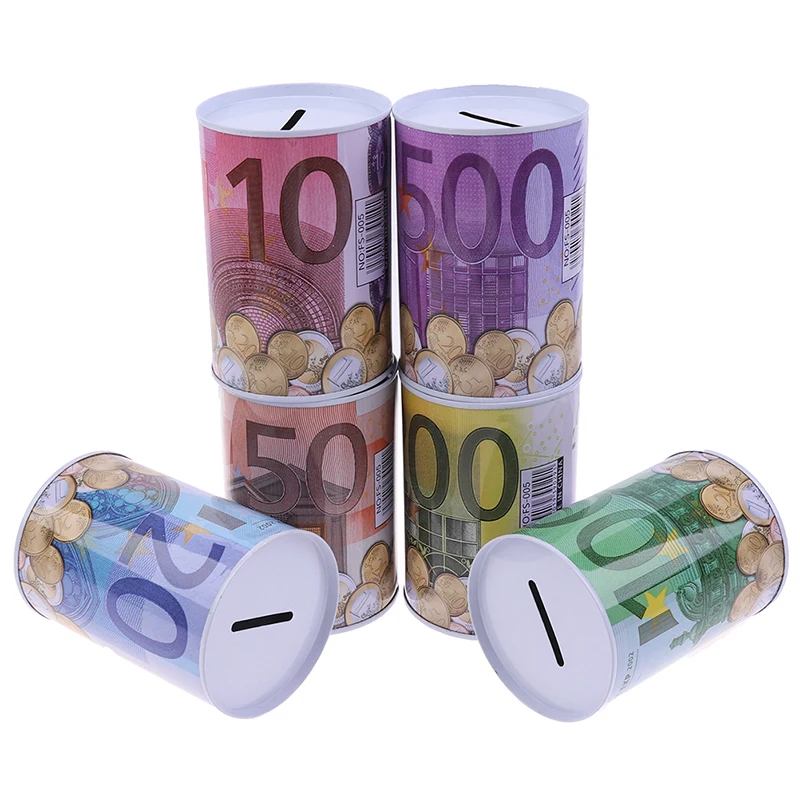 Tinplate Cylinder Piggy Bank Euro Dollar Picture Box Household Saving Money Box Home Decoration Money Boxes