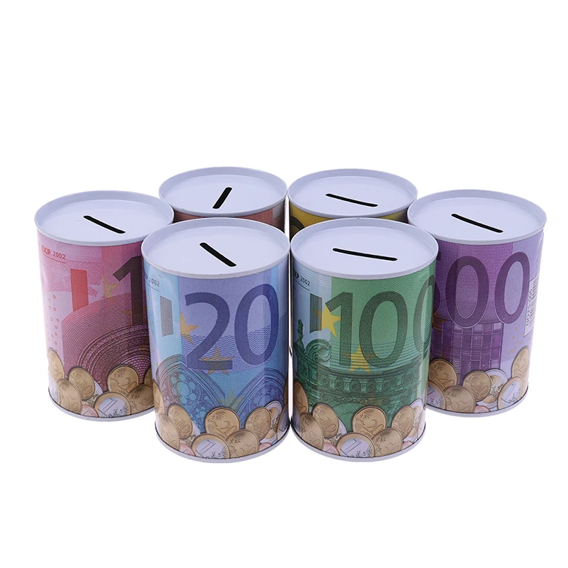 Tinplate Cylinder Piggy Bank Euro Dollar Picture Box Household Saving Money Box Home Decoration Money Boxes